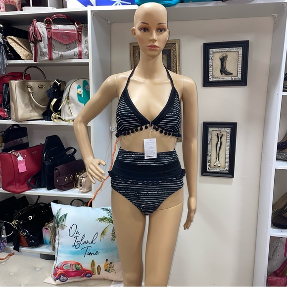 COCOSHIP Striped High Waist Bikini Set Tassel Trim Top Halter Straps Swimsuit - Picture 2 of 16